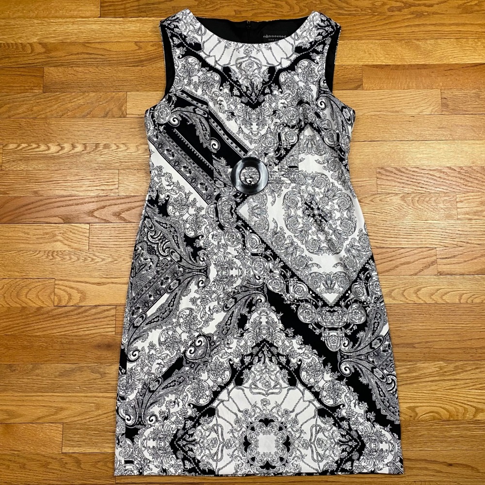 Connected Apparel Sheath Dress Womens 14 Black White Paisley Baroque Mod Office